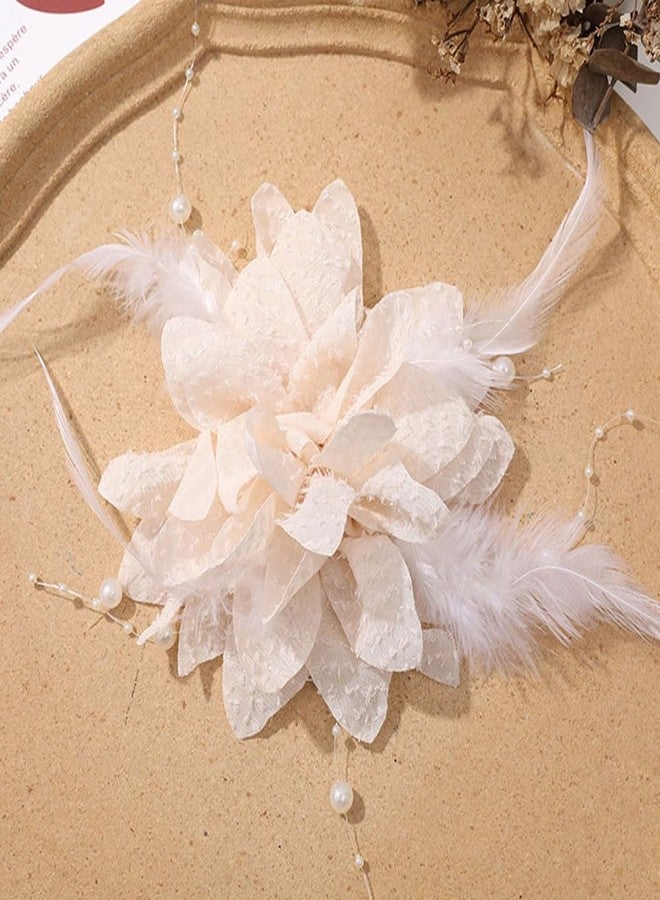 Rannyrena Vintage Feather Flower Hair Clip with Beaded Large Tulle Bow Hair Pieces Handmade Floral Bridal Wedding Hair Accessory for Women (Off white flower) - Image 2
